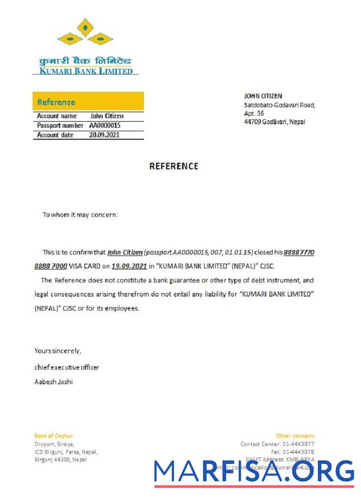 Printable Nepal Kumari bank closure reference sample